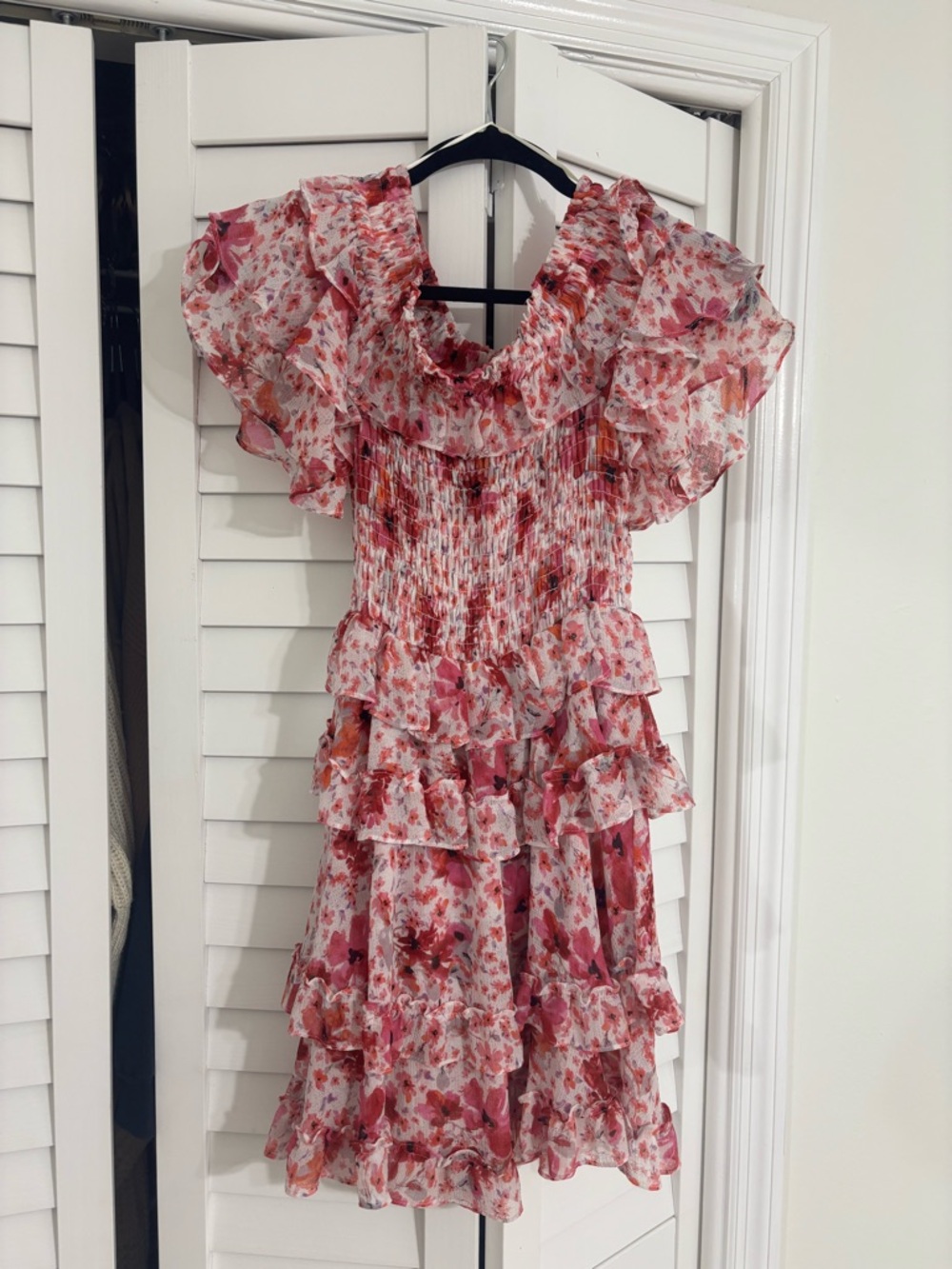 MISA Off-Shoulder Pink Floral Ruffle Mini Dress - Picture 3 of 3